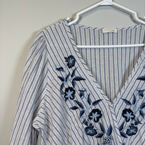 Lovestitch Size Large Boho Chic Embroidered Striped V-Neck Top Costal Chic Blue - Picture 5 of 15